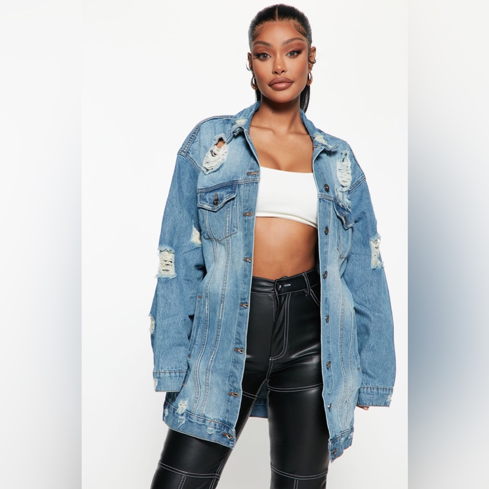 Women's Long Oversized Denim Jacket Boyfriend Ripped Distressed Jean Button Down